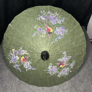 Vtg Thawin Thai Parasol Green Paper Floral Bird Paint Handmade Sun Umbrella